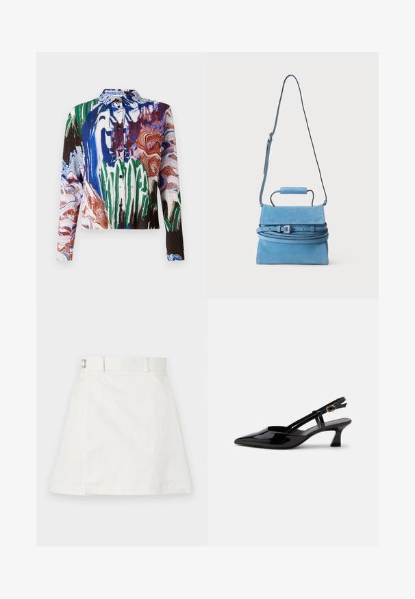 Henrik Vibskov SLOPE - Πουκαμίσα με κουμπιά - multi coloured; Soulland SKIRT - Τζιν φούστα - white; Μαύρο γυαλιστερό δερμάτινο πέδιλο με χαμηλό τακούνι, μυτερή μύτη και ρυθμιζόμενο χρυσό λουράκι σε λευκό φόντο.; Τσάντα από μπλε βελούδινο σουέτ με χερούλι στην κορυφή, ρυθμιζόμενο μακρύ ιμάντα ώμου και ασημένια λεπτομέρεια με αγκράφα στο κλείσιμο με καπάκι.