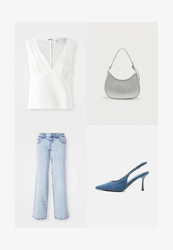Top blanco sin mangas con escote en V profundo, con detalles fruncidos a los lados, hecho de un tejido texturizado y con un dobladillo recto.; Vaqueros de mezclilla azul claro con un corte relajado, piernas rectas y un ligero desgaste. Cuenta con cinco bolsillos y trabillas para cinturón. Detalle de dobladillo desgastado.; Zapato de tacón alto con puntera puntiaguda, trasera tipo slingback en denim azul con detalles de ojales plateados y correa ajustable con hebilla.; Bolso de mano de imitación cuero plateado con forma curva, correa corta ajustable y textura suave, que presenta un detalle de costura minimalista.