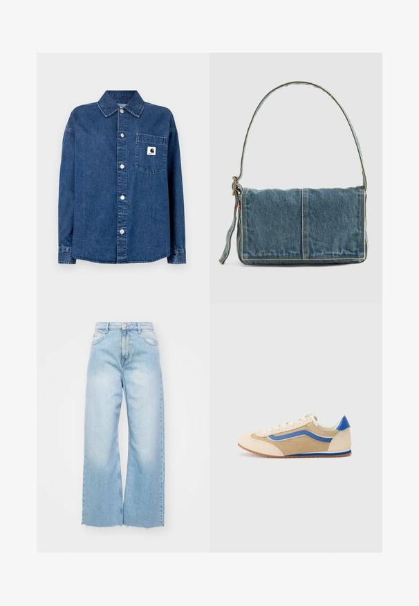 Denimskjorte i mørkeblå med knaplukning foran, spidst krave, lange ærmer og en brystlomme med et logo-badge. Glat tekstur.; Lyseblå vidde jeans lavet af denim, med høj talje, falmede detaljer, knaplukning og rå kant i bunden.; Lys tan ruskind sneakers med en blå sidestribe og hælkant. Rund tå, flade snørebånd og perforerede detaljer på overdelen. Gummisål.; Denim skuldertaske med fold-over design, lys blå farve, synlige sømme, justerbar rem og en sidelabel-detalje.