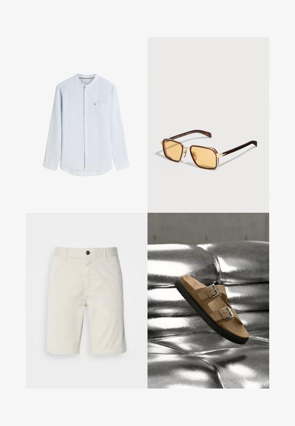 Camisa de manga larga azul claro con rayas, cuello mandarín, botones delanteros, bolsillo en el pecho y pequeño logo en el bolsillo.; Shorts de color beige claro fabricados en algodón, con cierre de botón, bolsillos delanteros y dobladillo cosido. Textura suave con un diseño casual.; Sandalia de ante marrón con dos hebillas plateadas flotando sobre una superficie plateada brillante con capitoné, mostrando detalles de suela y plantilla negras.; Gafas de sol rectangulares con lentes ámbar, montura de metal dorado y varillas con patrón de carey, apoyadas sobre una superficie blanca.