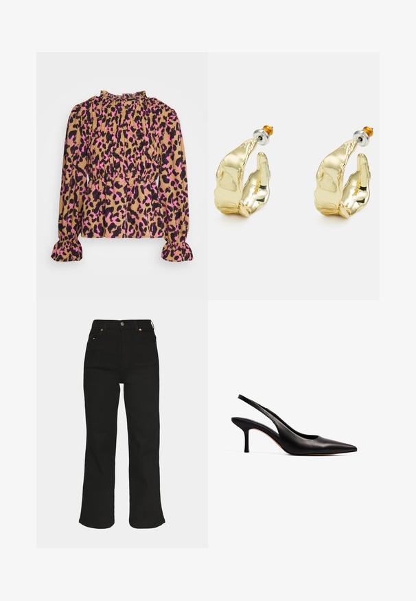 Pieces Petite PCMELINE - Bluse - indian tan; Dr.Denim Petite MOXY - Bukser - solid black; NA-KD Pumps - black; Guldtonede øreringe formet som abstrakte hænder, med en skinnende overflade, intrikate detaljer og en sølv- og guldfarvet post til sikker fastgørelse.