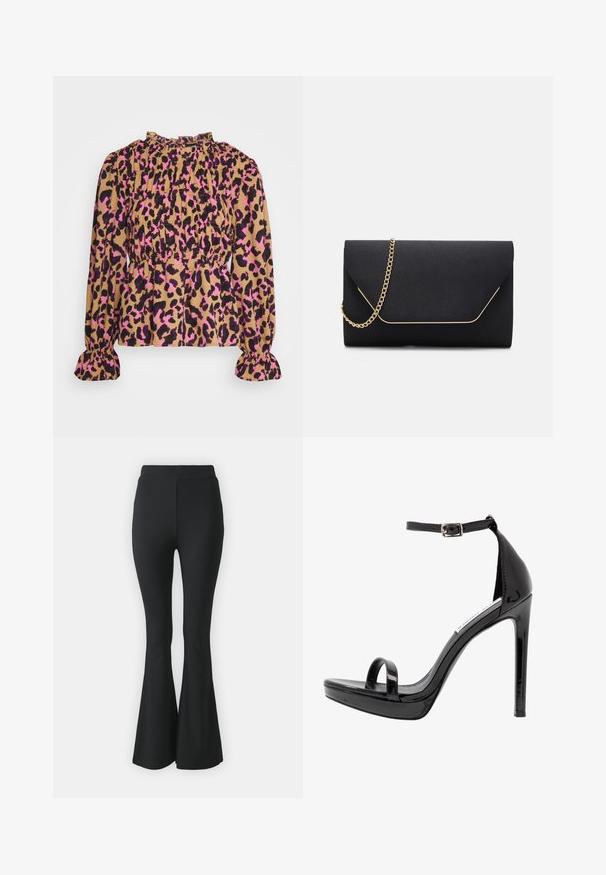 Pieces Petite PCMELINE - Bluse - indian tan; Schwarze ausgestellte Hosen aus elastischem Stoff. Sie haben einen hohen Bund und ein glattes, eng anliegendes Design, das ab dem Knie nach unten ausgestellt ist.; Steve Madden MILANO - High Heel Sandalette - black; Schwarze Clutch-Tasche mit glatter Textur, ausgestattet mit einem goldenen Kettenriemen und einem geometrischen Klappverschluss, der in Gold eingefasst ist.