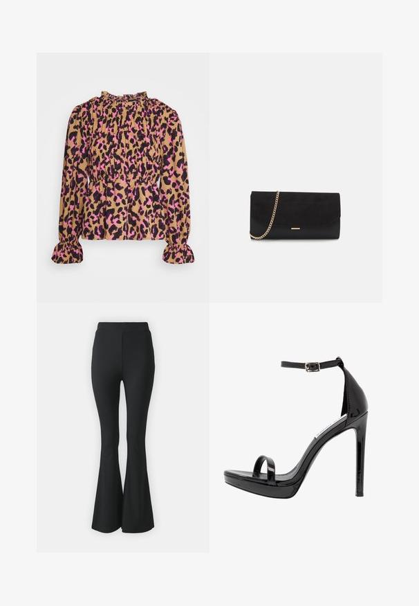 Pieces Petite PCMELINE - Bluse - indian tan; Schwarze ausgestellte Hosen aus elastischem Stoff. Sie haben einen hohen Bund und ein glattes, eng anliegendes Design, das ab dem Knie nach unten ausgestellt ist.; Steve Madden MILANO - High Heel Sandalette - black; Schwarze Clutch aus Wildleder mit strukturierter Oberfläche, ausgestattet mit einem goldenen Kettenriemen und einem eleganten, kantigen Design.