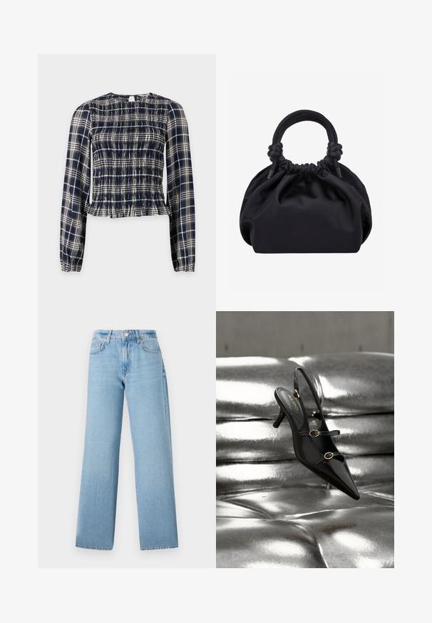 Marineblaue und weiße karierte Langarmbluse mit gerafften Details vorne und einem kleinen Schlüsselknopfverschluss hinten.; Helle blaue weit geschnittene Jeans aus Denim, mit hoher Taille, fünf Taschen und einem Knopfverschluss mit Reißverschluss.; Schwarzer Slingback-Pumps mit spitzer Zehenpartie und zwei goldfarbenen Schnallenriemen, die auf einer glänzenden silbernen gepolsterten Oberfläche ruhen.; Schwarze weiche Stoffhandtasche mit gerafftem oberen Rand und runden, gepolsterten Griffen, die auf jeder Seite mit Knoten gebunden sind.