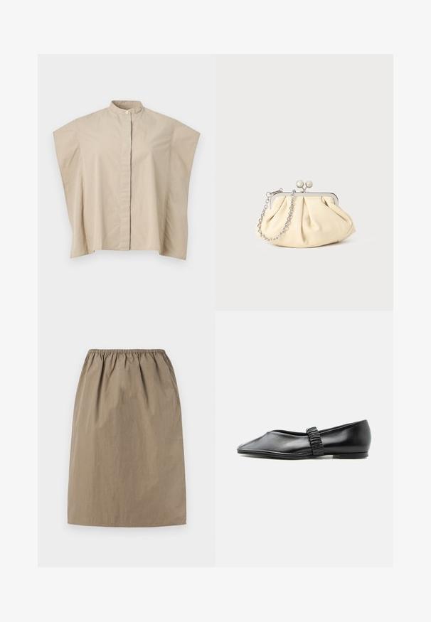 Chemise beige à manches courtes avec col mandarin, coupe carrée et patte de boutonnage cachée, présentée sur fond blanc.; Jupe beige mi-genou avec taille élastique et ourlet droit, en tissu léger.; Chaussure plate en cuir noir avec une bride froncée sur le dessus et un bout légèrement pointu, présentée sur un fond uni.; Pochette en cuir beige plissé avec un cadre en métal argenté, dotée de deux fermoirs ronds décoratifs et d'une chaîne en argent.