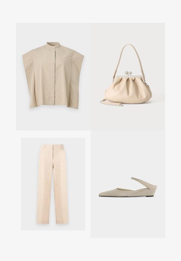 Chemise beige à manches courtes avec col mandarin, coupe carrée et patte de boutonnage cachée, présentée sur fond blanc.; Pantalon beige taille haute droit avec pli sur le devant, fermeture éclair dissimulée et passants de ceinture, présenté sur un fond clair uni.; Chaussure slingback beige à petit talon compensé, bout pointu et finition mate lisse, présentée de profil sur fond blanc.; Sac à main en cuir souple beige avec un fermoir en métal argenté, une bandoulière simple et une bandoulière chaîne optionnelle sur fond blanc.