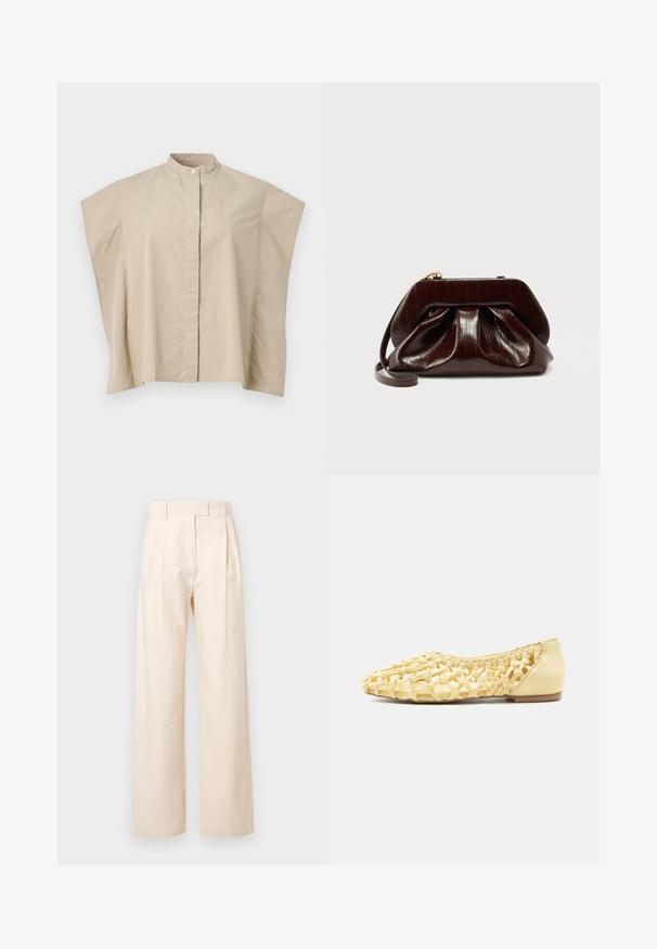 Chemise beige à manches courtes avec col mandarin, coupe carrée et patte de boutonnage cachée, présentée sur fond blanc.; Pantalon beige à jambes larges avec plis, en tissu texturé. Il présente une taille ajustée et une silhouette droite et épurée.; Chaussure plate en cuir tressé jaune clair avec talon fermé et design en treillis ouvert, adaptée pour un usage décontracté.; Pochette en cuir brillant marron foncé avec un design plissé et une fine lanière pour poignet sur fond blanc.
