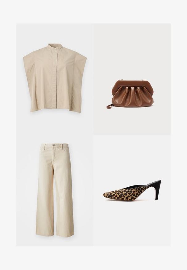 Beige kortermig overhemd met mandarijnkraag, boxy pasvorm en verborgen knopenlijst, getoond op een witte achtergrond.; Beige wijdvallende jeans van denim, met een hoge taille, knoopsluiting, riemlussen en zijzakken. Gladde textuur en relaxed fit.; Puntschoen muilezool met luipaardprint bovenwerk en zwarte middelhoog stilettohak op een effen witte achtergrond.; Bruin leren clutch met geplooid ontwerp en gestructureerd bovenframe, voorzien van een klein polsbandje en gouden sluitingsdetails.