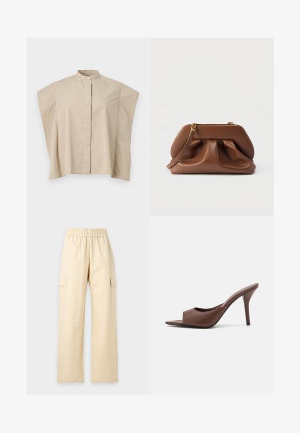 Chemise beige à manches courtes avec col mandarin, coupe carrée et patte de boutonnage cachée, présentée sur fond blanc.; Pantalon beige à jambes larges avec ceinture élastique et poches cargo latérales, présenté sur un fond clair uni.; Mules à talons hauts ouverts en cuir marron avec un design épuré, dotés d'une large sangle avant et d'un talon aiguille élancé.; Pochette en cuir marron avec design froncé, quincaillerie dorée et bracelet amovible, sur fond blanc.
