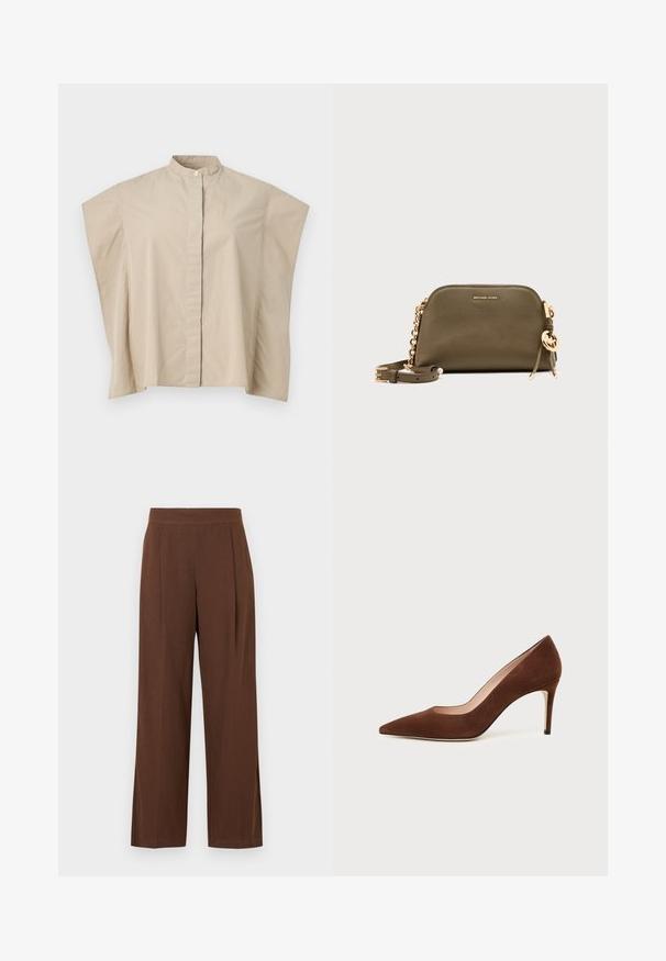 Chemise beige à manches courtes avec col mandarin, coupe carrée et patte de boutonnage cachée, présentée sur fond blanc.; Pantalon marron à jambes larges avec une texture lisse, présentant un devant plat et des plis. La taille est élastiquée pour le confort et l'ajustement.; Chaussure à talon haut en daim marron à bout pointu avec un talon aiguille fin sur fond blanc.; Sac besace Michael Kors en cuir vert olive avec bandoulière chaîne dorée, pendentif logo doré et petit nom de marque embossé à l'avant.