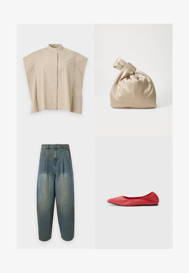 Chemise beige à manches courtes avec col mandarin, coupe carrée et patte de boutonnage cachée, présentée sur fond blanc.; Jean en denim bleu à taille haute, coupe ample, avec des plis, une fermeture avant à boutons et fermeture éclair, et des poches latérales.; Filippa K REY FLATS - Ballerines - bright red; Sac en satin beige avec un haut noué, présentant une texture douce et lisse ainsi qu'une forme arrondie, conçu pour être simple et élégant.