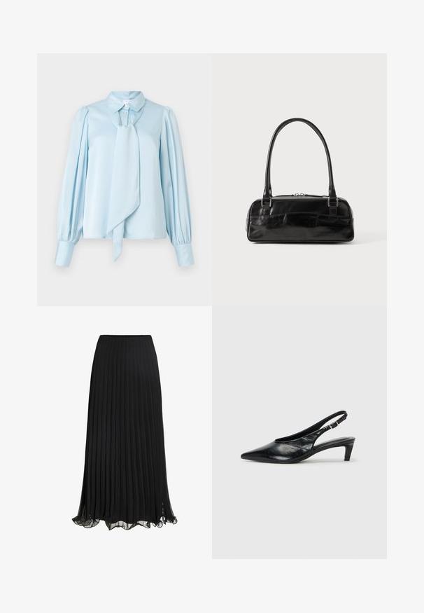 Blusa azul claro con un lazo en el escote, mangas largas y abullonadas, y puños con botones. Textura suave y diseño entallado.; Falda maxi plisada negra hecha de un tejido liviano con un diseño fluido. Cuenta con un dobladillo con volantes y una cinturilla elástica para mayor comodidad.; Tacón de piel negra tipo slingback con punta afilada, tacón bajo tipo kitten y correa ajustable con hebilla. Textura suave con un detalle mínimo.; Bolso de mano de cuero negro con forma rectangular, equipado con un asa estructurada, herrajes en plata y cierre de cremallera. Textura suave.