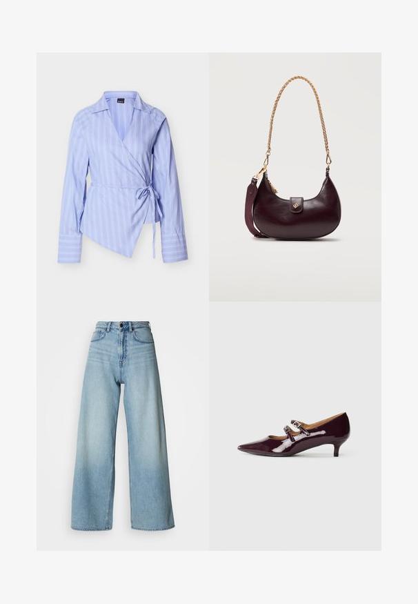 Lyseblå omslagsbluse med lodrette hvide striber, lange ærmer og bindebånd ved taljen. Har en spids krave og asymmetrisk kant.; Lyseblå, højtaljede, vidtbenede jeans lavet af denim, med fem-lommers design og subtile falmede detaljer for tekstur.; Lilla patenteret læderhøje med spids tå, to spænde-remme og en lav hæl. Glat tekstur med en blank finish.; Mørkelilla håndtaske i læder med halvmåneform, guld kædestrop og stofsidesrem, med en lille guldlås på frontklappen.
