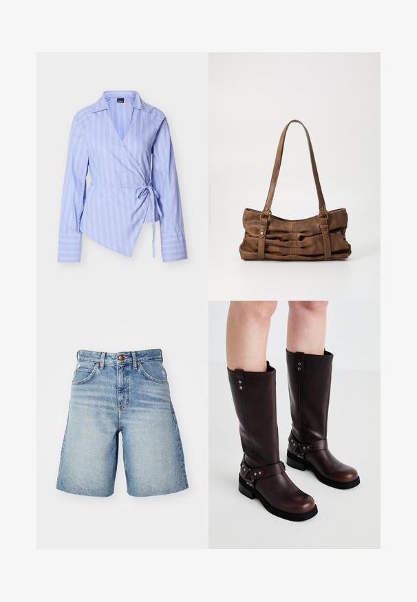 Hellblaues Wickelhemd mit vertikalen weißen Streifen, langen Ärmeln und einer Bindung am Taillenverschluss. Es verfügt über einen spitzen Kragen und einen asymmetrischen Saum.; Jeansshorts in Hellblau mit hoher Taille, ausgestattet mit einem Knopfverschluss, fünf Taschen und leichter Verblassung für einen abgenutzten Look.; Braune Leder-Stiefel bis zum Knie mit einer glatten Textur, ausgestattet mit einem breiten Riemen und dreieckigen Hardware-Akzenten, flachen Gummisohlen.; Even&Odd Handtasche - brown