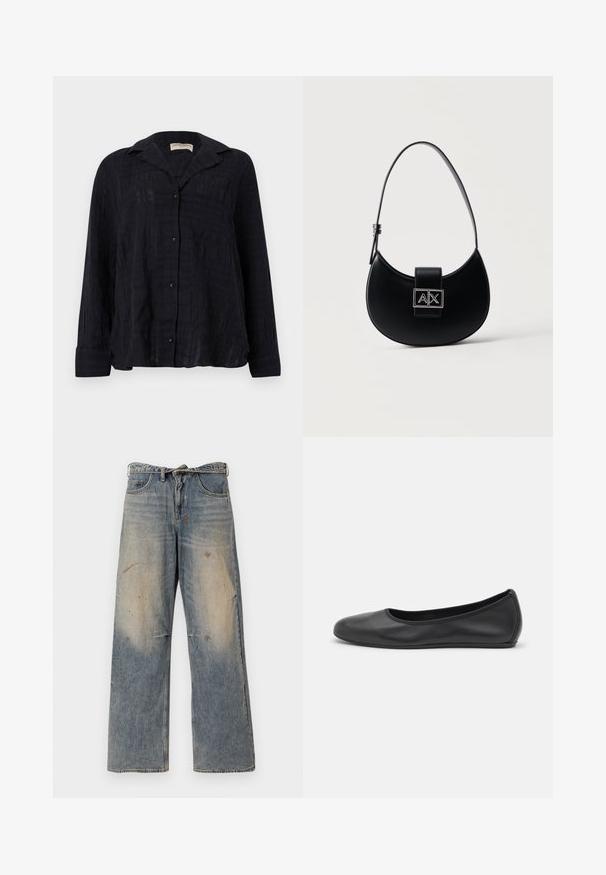Zwart, textuurvolle, lang mouw, knoopjes-overhemd met kraag en een borstzak aan de voorkant, getoond tegen een effen achtergrond.; Lichtblauwe denim jeans met een losse, recht gesneden pasvorm. Voorzien van slijtageplekken, vervaging en distressed details bij de knieën. Klassiek five-pocket ontwerp.; Zwarte leren ballerina met een ronde neus, gladde textuur, minimale stikdetails en een flexibele zoolontwerp.; Zwart handtas in de vorm van een halve maan met een enkele verstelbare band en een zilveren A|X-logo sluiting op de voorsflap.