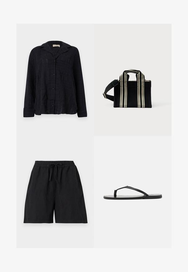 Chemise noire à manches longues texturée avec col, boutons sur le devant et une poche poitrine unique, présentée de face sur un fond uni.; Short noir décontracté avec ceinture élastique et cordon à l'avant, avec poches latérales et coupe ample.; Tongs noires au design minimaliste, avec des sangles fines et une semelle plate. Le matériau semble être du plastique avec une texture lisse.; Sac fourre-tout noir en toile avec des poignées supérieures doubles et une bandoulière rayée amovible. Présente des rayures beiges contrastantes sur les côtés.