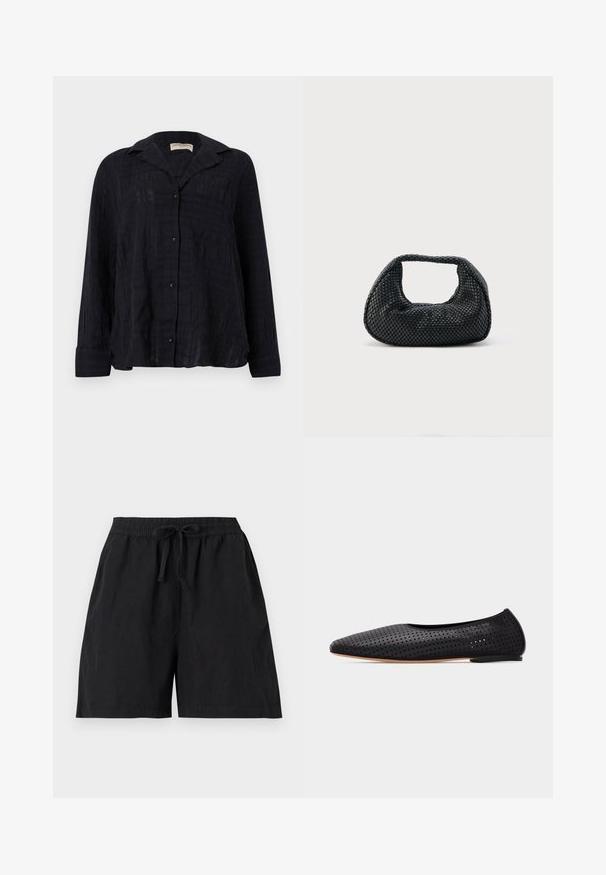 Chemise noire à manches longues texturée avec col, boutons sur le devant et une poche poitrine unique, présentée de face sur un fond uni.; Short noir décontracté avec ceinture élastique et cordon à l'avant, avec poches latérales et coupe ample.; Ballerine en cuir noir perforé avec bout pointu et petit talon, vue de profil sur fond blanc.; Sac hobo tissé noir avec une structure souple et une poignée intégrée, présenté sur un fond clair uni.