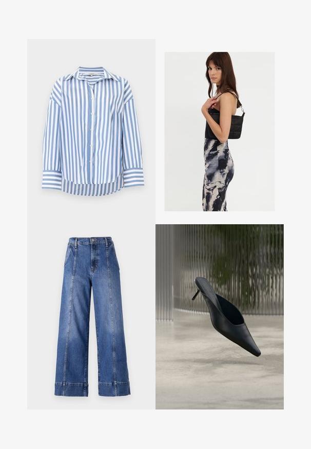 Chemise à manches longues boutonnée avec rayures verticales bleues et blanches, col pointu et poignets larges rayés, présentée sur un fond uni.; Jean en denim bleu à taille haute et jambes larges, avec une fermeture à bouton, des poches avant et des coutures visibles le long des coutures latérales.; Mule noire à bout pointu avec un talon fin et haut flottant au-dessus d'un sol en béton lisse, avec un arrière-plan flou à rayures verticales.; Sac à épaule noir en matelassé avec une seule sangle et des accessoires en argent, associé à une robe ajustée à motif tie-dye dans des teintes de noir et de crème.