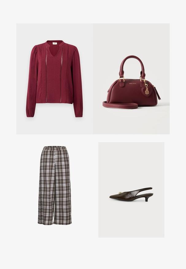 Bordeaux blouse met lange mouwen en V-hals, van gestructureerde stof, met voorplooien en elastische manchetten. Gedetailleerde stiksels langs de zijkanten.; Brede geruite broek in bruin, wit en grijs; elastische tailleband; zacht materiaal; heeft een klassiek ruitpatroon.; Donkerbruine lakleren slingback met spitse neus, kleine goudkleurige decoratieve bal en lage kittenhak, afgebeeld tegen een effen witte achtergrond.; Bordeaux leren handtas met dubbele handgrepen, gouden rits, afneembare schouderriem, hartvormige bedel en "ANNA FIELD" logo aan de voorkant.