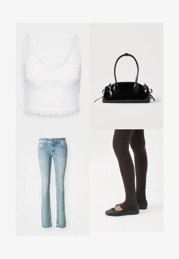 Valge pitsist bralette reguleeritavate rihmadega, V-kaelusega ja tekstuursete mustritega. Omab lainelist äärt ja keerukaid tikandeid.; Heledad sinine teksapüksid, bootcut disain, viie tasku stiil, kulunud detailid, lukuga ja nupuga sulgemine, peened õmbluse aktsendid, keskmine põletus.; Jalad seljas tumedad soonelises soonelises kombines mustade baleriinadega, millel on väikesed paelade detailid valgel taustal.; Väike must läikiv käekott kahe pika sangaga ja külgedel paelakinnitustega, ühel lihtsal helel taustal.