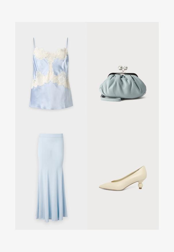 Camisole en satin bleu clair avec détails en dentelle blanche sur la poitrine et la taille, dotée de fines bretelles et d'une finition lisse.; Jupe tricotée bleu clair avec un ourlet évasé, de longueur mi-longue, et une taille côtelée. Texture lisse, sans motifs ni accents visibles.; Chaussure femme couleur crème à bout pointu avec un petit talon rond en forme de boule, sur fond uni.; Petit porte-monnaie en cuir bleu clair avec fermoir métallique argenté de type kiss-lock et court bracelet de poignet sur fond uni.