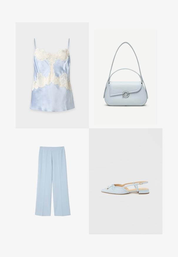 Camisole en satin bleu clair avec détails en dentelle blanche sur la poitrine et la taille, dotée de fines bretelles et d'une finition lisse.; Pantalons wide-leg bleu clair en tissu lisse ; dotés d'un devant plat avec des plis pour la structure et sans fermetures visibles.; Chaussure plate à bout pointu bleu clair avec bride arrière et détail nœud, ornée d'accents dorés, avec un petit talon carré et une sangle réglable.; Sac à main en cuir bleu clair avec rabat arrondi, fermoir circulaire argenté et deux bretelles d'épaule sur un fond uni.