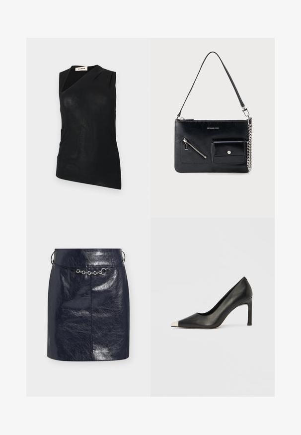 Débardeur noir sans manches avec encolure asymétrique et léger drapé, étiqueté "AERON", présenté sur un fond blanc uni.; Mini-jupe en similicuir noir brillant avec une fine ceinture cordon noire ornée d'accents métalliques argentés circulaires à l'avant.; Chaussure à talon haut en cuir noir avec bout pointu et capuchon argenté métallique. Présente une finition lisse et un talon fin de 10 cm.; Sac à bandoulière en cuir noir Michael Kors avec fermeture éclair supérieure, poche avant zippée en diagonale, poche à rabat avec bouton-pression et détail en chaîne argentée.