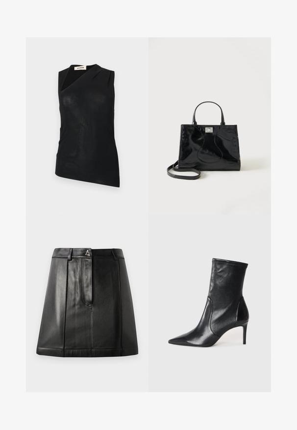 Sort ærmeløs top med asymmetrisk halsudskæring og let drapering, mærket "AERON," vist mod en ensfarvet hvid baggrund.; Sorte læderskirt med en struktureret form, der har en frontlomme og en metalaccent i taljen. Glat tekstur og broderede detaljer.; Sorte ankelstøvler lavet af glat læder, med spids tå, tætsiddende skaft og en slank høj hæl. Minimalistisk design uden synligt hardware.; Sort håndtaske i laklæder med afrundede håndtag, aftagelig skulderrem og sølvspænde på ensartet hvid baggrund.
