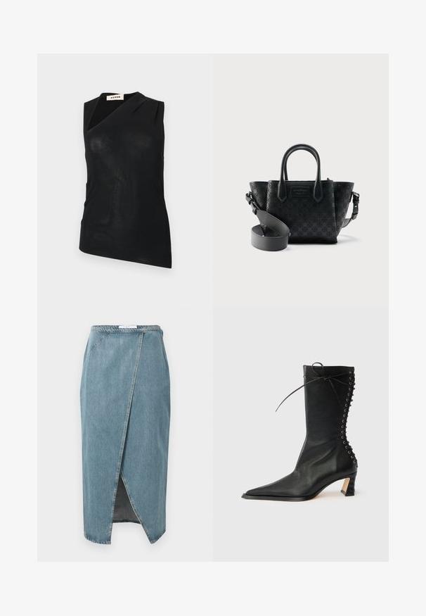 Débardeur noir sans manches avec encolure asymétrique et léger drapé, étiqueté "AERON", présenté sur un fond blanc uni.; Jupe en denim bleu clair avec un design enveloppant, présentant des coutures visibles, une fente avant et une taille ajustée.; Bottine noire en cuir avec bout pointu, talon fin, détail à lacets à l'arrière et œillets métalliques. Texture lisse avec un design élégant.; Sac à main en cuir noir à motifs avec deux poignées supérieures et une bandoulière réglable sur fond blanc.