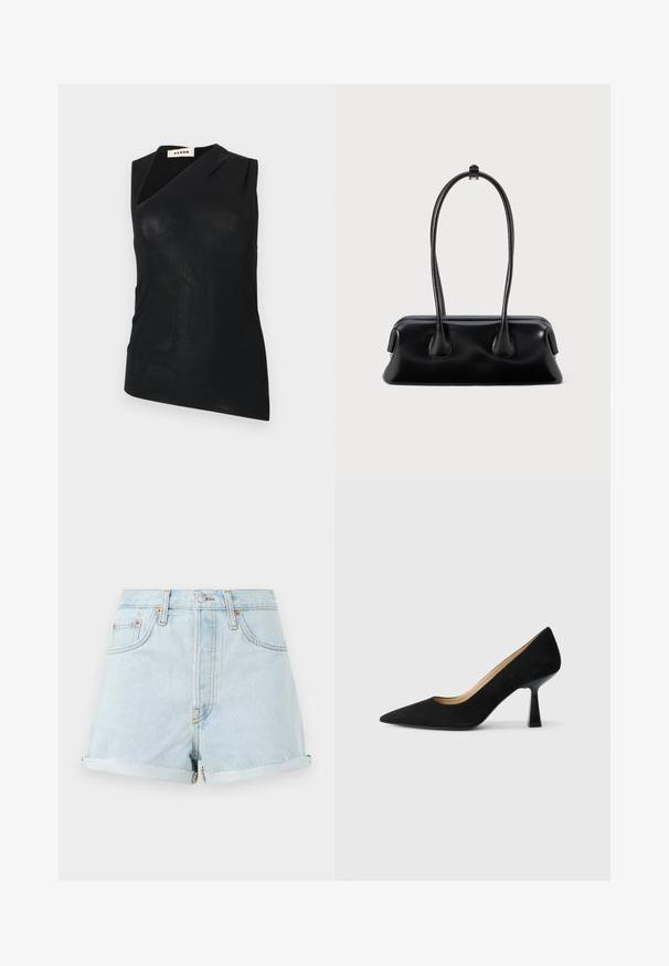 Schwarzes ärmelloses Top mit asymmetrischem Ausschnitt und leichter Drapierung, mit der Aufschrift "AERON", vor schlichtem weißem Hintergrund präsentiert.; Hellblaue Denim-Shorts mit hoher Taille, umgekrempelten Säumen, Kupfernieten und einem Reißverschluss vorne. Klassisches Fünf-Taschen-Design.; Schwarze Wildleder-Pumps mit hohem Absatz und spitzer Zehenform, ausgestattet mit einem glänzenden schwarzen Blockabsatz und einem glatten Innenfutter.; Schwarze Lederhandtasche mit zwei langen Griffen, glatter Textur und einer abgerundeten Basis mit dekorativen Akzenten an den Seiten.