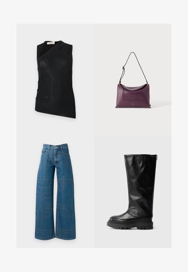 Top negro sin mangas con escote asimétrico y ligero drapeado, etiquetado como "AERON", mostrado sobre un fondo blanco liso.; Vaqueros de pierna ancha en denim azul medio con patrones de costura en contraste y múltiples diseños de bolsillos. Cintura alta con cierre de botón.; Bota de cuero negra hasta la rodilla con punta redondeada, suela de goma gruesa y cremallera lateral para cierre. Textura suave con un detalle mínimo.; Bolso de hombro de piel texturizada púrpura con solapa curva y correa negra ajustable sobre un fondo claro y liso.