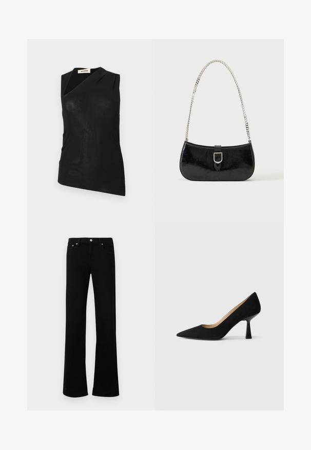 Débardeur noir sans manches avec encolure asymétrique et léger drapé, étiqueté "AERON", présenté sur un fond blanc uni.; Jean évasé noir en mélange de coton, doté d'un design classique à cinq poches, d'une fermeture à bouton métallique et de détails de couture subtils.; Pompe à talons hauts en suède noir avec un bout pointu, dotée d'un talon bloc noir brillant et d'une doublure intérieure lisse.; Sac à épaule en cuir verni noir avec détail de boucle argentée et bandoulière en chaîne argentée, présenté sur un fond uni clair.