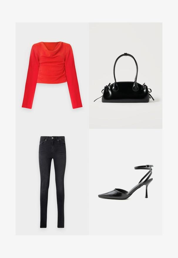 Rød langærmet cropped top med cowl-hals. Har tekstureret stof og samlinger ved taljen for en tætsiddende silhuet.; Sorte slim-fit denim jeans med fem lommer og knapåbning i taljen, præsenteret mod en ensfarvet hvid baggrund.; Sort spids højhælet sko med tynde ankelremme og sølvspænde på en ensfarvet lys baggrund.; Lille sort blank håndtaske med to lange håndtag og snøre-detaljer i siden på en ensfarvet lys baggrund.