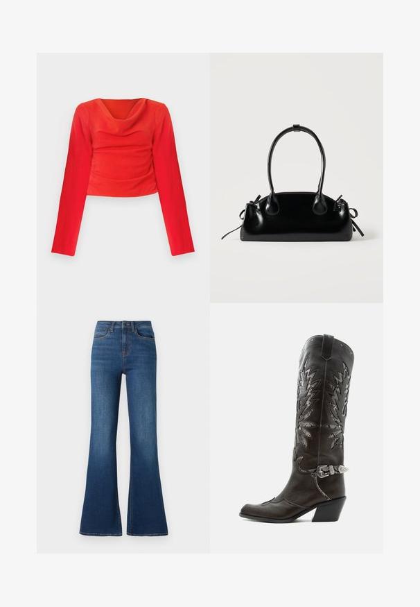 Červený dlhý rukáv cropped top s volánovým výstrihom. Obsahuje textúrovanú látku a nariasenie v páse pre priliehavý siluetu.; Rozšírené denimové džínsy vyrobené z stredne ťažkého bavlneného materiálu, s hlbokou modrou farbou, kontrastným stehom a tradičným dizajnom s piatimi vreckami.; Čierna kožená kovbojská čižma s dekoratívnymi výrezmi, striebornou prackou a šikmým podpätkom, zobrazovaná na bielom pozadí.; Malá čierna lesklá kabelka s dvoma dlhými rúčkami a bočnými šnúrkovými detailmi na jednoduchom svetlom pozadí.