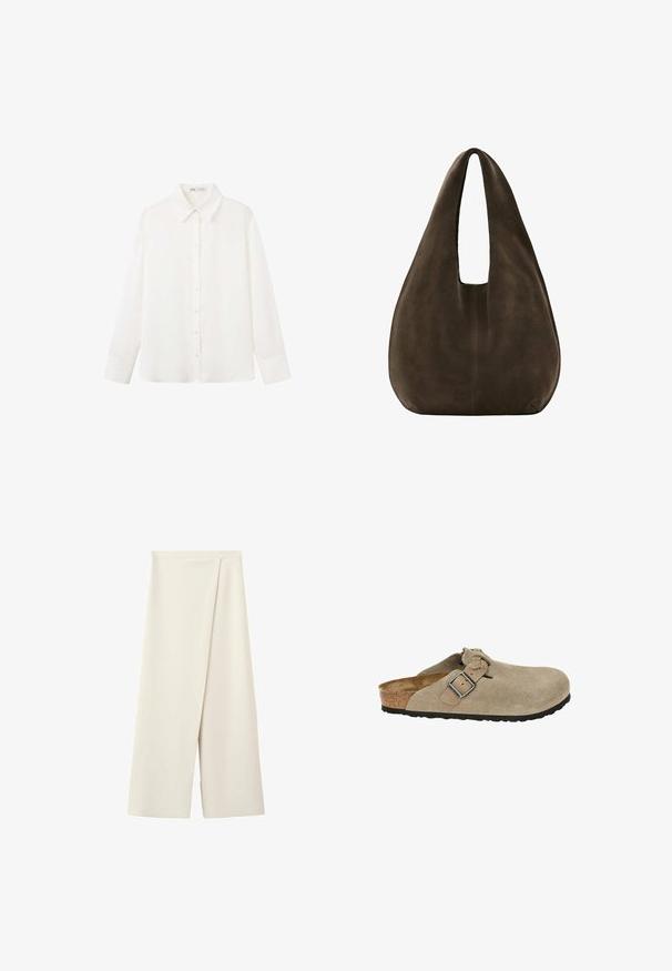 Camisa blanca de manga larga con botones, cuello puntiagudo y puños anchos en un tejido liso y sencillo.; Pantalones anchos color crema con cintura alta y un detalle de solapa superpuesta en la parte delantera.; Zuecos de ante beige con punta redondeada, correa ajustable y hebilla, media suela de corcho y suela de goma negra texturizada para mayor tracción.; Bolso hobo de ante marrón oscuro suave con una correa ancha y única y base redondeada sobre un fondo blanco.