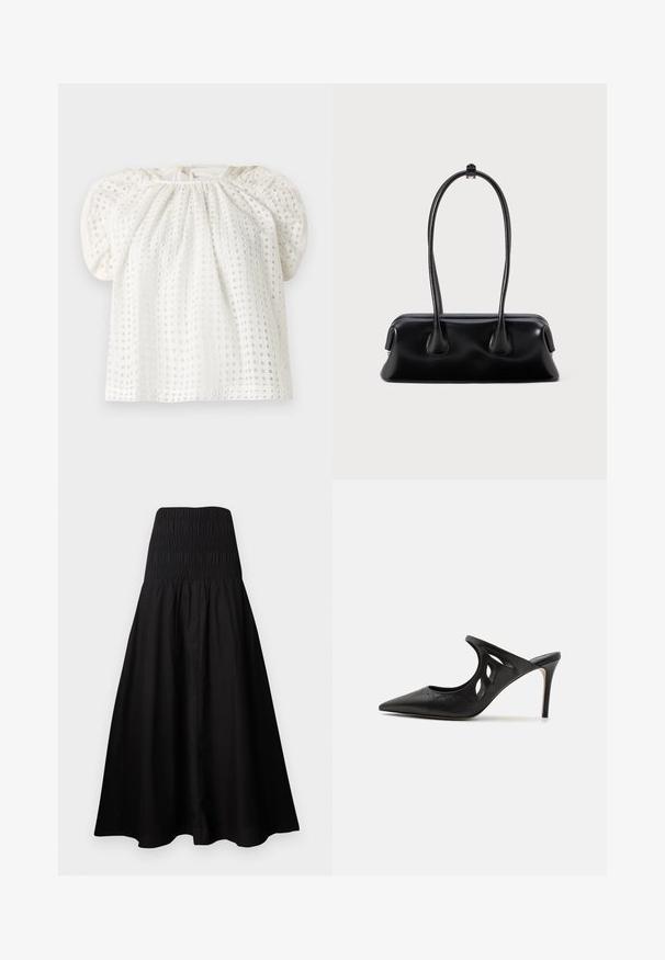 Λευκό μπλουζάκι από ύφασμα με τρύπες (eyelet), με φουσκωτά μανίκια, στρογγυλή λαιμόκοψη με πιέτες και κορδόνι στο πίσω μέρος.; Μαύρο μίντι φόρεμα χωρίς τιράντες με εφαρμοστό ραβδωτό μπούστο και φουσκωτή φούστα, κατασκευασμένο από ελαφρύ ύφασμα.; Μαύρες δερμάτινες μπαλαρίνες με ψηλό τακούνι, με μυτερή μύτη, σχέδιο με κομμένα πλαϊνά και γυαλιστερή υφή. Τακούνι στιλέτο και διακριτική λεπτομέρεια ραψίματος.; Μαύρη δερμάτινη τσάντα χειρός με δύο επιμήκεις λαβές, λεία υφή και στρογγυλή βάση με διακοσμητικά στοιχεία στα πλάγια.