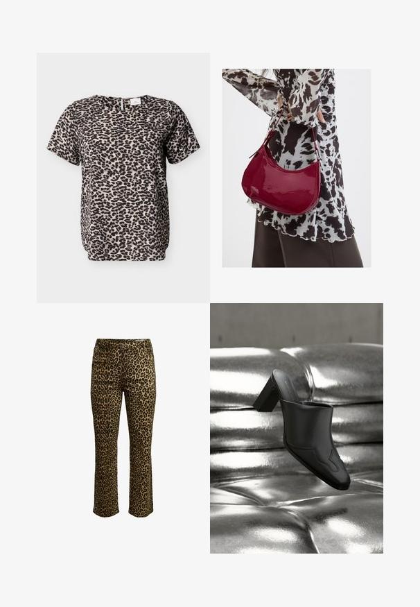 Haut à manches courtes imprimé léopard en beige et noir. Encolure ronde avec un détail œillet au dos. Texture de tissu douce. Coupe décontractée.; Pantalons imprimé léopard avec une coupe slim, fermeture à bouton et taille cousue avec un léger stretch pour le confort.; Mule en cuir noir avec talon bloc reposant sur une surface argentée brillante capitonnée, mettant en valeur son design élégant et ses détails incurvés.; Femme portant un chemisier à motif noir et blanc tenant un sac à main rouge brillant sur un fond uni.