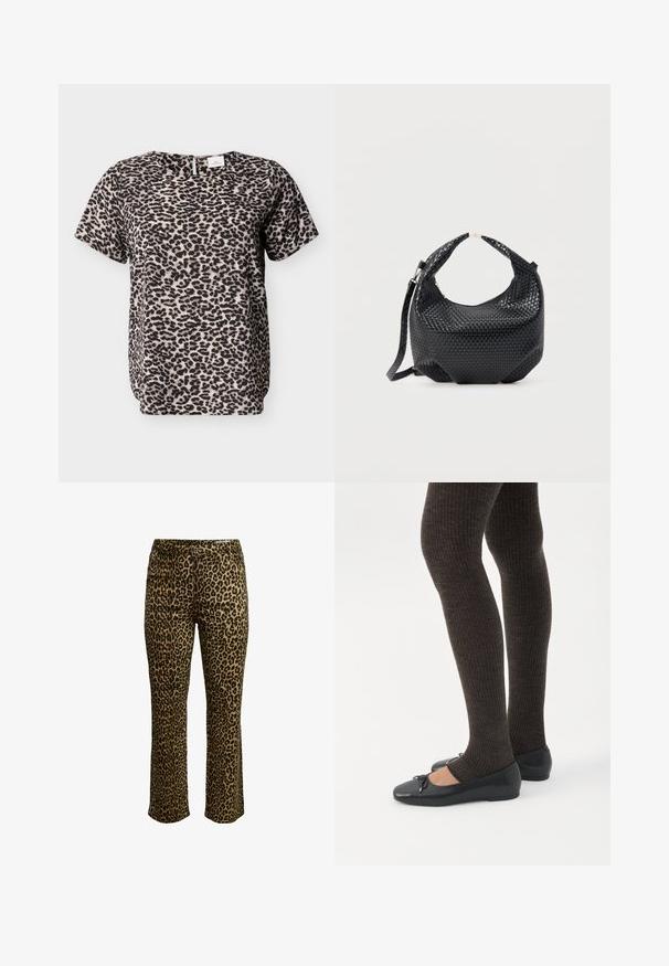 Korte mouwen top met luipaardprint in beige en zwart. Ronde halslijn met een sleutelgatdetail aan de achterkant. Zachte stoftextuur. Losse pasvorm.; Een broek met luipaardprint, met een slim fit, knoopsluiting en gestikte tailleband met een lichte stretch voor comfort.; Benen met donkere geribbelde leggings gecombineerd met zwarte ballerina's met kleine strikdetails op een witte achtergrond.; Zwart gevlochten lederen handtas met korte handgreep en afneembare schouderriem, getoond tegen een effen lichte achtergrond.