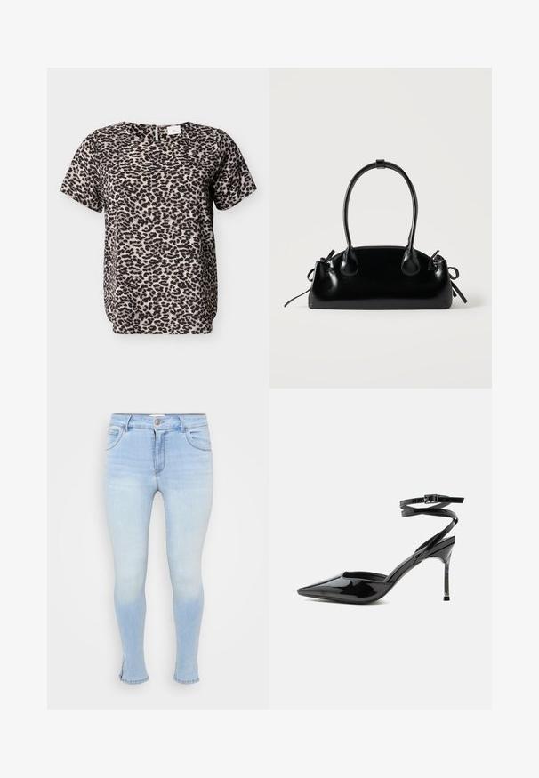 Kortærmet top med leopardprint i beige og sort. Rund halsudskæring med en nøglehuldetalje på ryggen. Blød stoftekstur. Afslappet pasform.; Lyseblå skinny jeans lavet af denim, med fem lommer, lukning med knap og lynlås, og let slidte for et brugt udseende.; Sort laklæder spids tå stilet hæl med tynde ankremme og lille spænde.; Lille sort blank håndtaske med to lange håndtag og snøre-detaljer i siden på en ensfarvet lys baggrund.