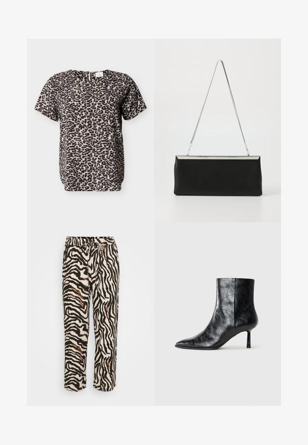 Kortærmet top med leopardprint i beige og sort. Rund halsudskæring med en nøglehuldetalje på ryggen. Blød stoftekstur. Afslappet pasform.; Bindebåndsbukser i lette stoffer med et sort-hvidt zebra mønster og brune accenter. Løs pasform og cropped længde.; Sort læder ankelstøvle med spids tå og en tynd, kort hæl. Har en tekstureret overflade og et rent design med en sømløs side.; Sort læder clutch taske med en sølvmetal kædehåndtag og en slank rektangulær form. Mat tekstur og minimalistisk design med en metallisk accent.