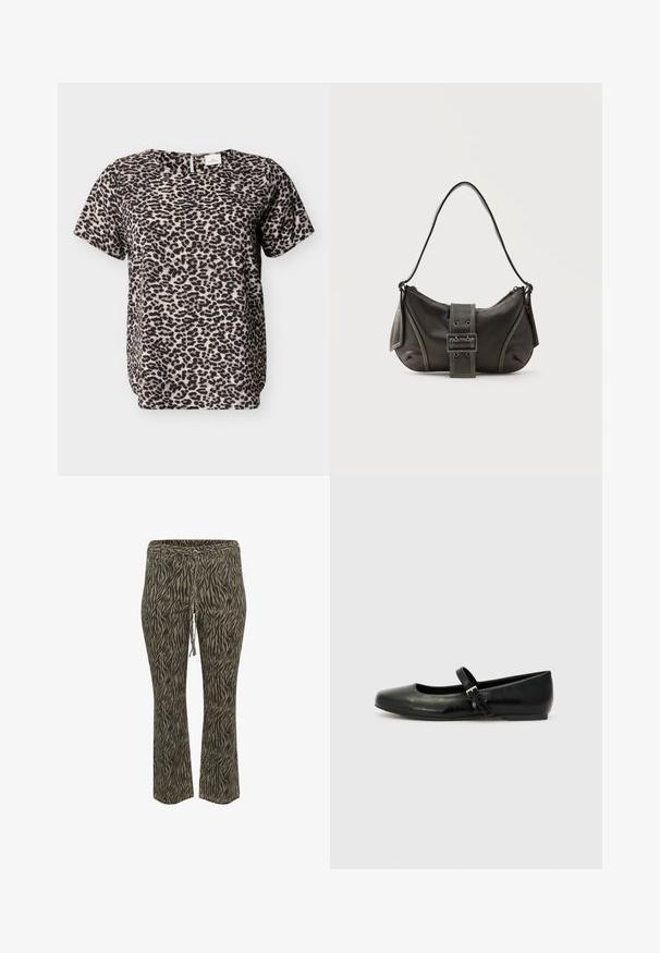 Kortærmet top med leopardprint i beige og sort. Rund halsudskæring med en nøglehuldetalje på ryggen. Blød stoftekstur. Afslappet pasform.; Buks med elastisk talje og snøre i khaki og beige zebra mønster. Mellemhøj talje, flared ben design, blød tekstur. Velegnet til afslappet brug.; Sorte læder balletflade med rund tå, flad sål og en tynd justerbar rem over svangen med en metalspænde.; Sort læder skuldertaske med spænde på remmen, afrundede kanter og kontrasterende hvide syninger på en ensfarvet baggrund.