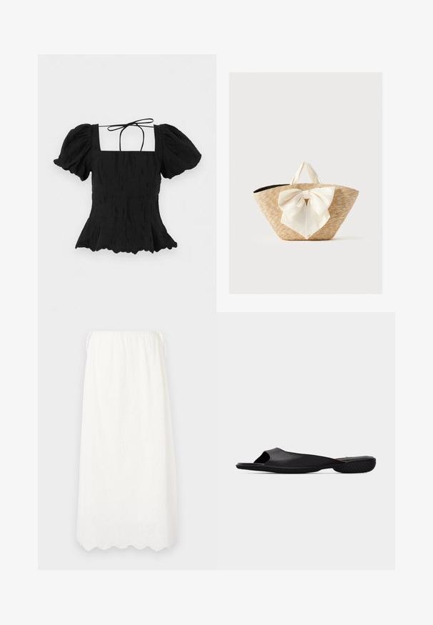 Blouse noire à manches courtes avec manches bouffantes, encolure carrée, tissu texturé sur le devant, bretelles nouées dans le dos et ourlet festonné.; DESIGNERS REMIX LUNA MAXI SKIRT - Jupe longue - cream; Sandale noir à enfiler à bout ouvert avec semelle texturée et design minimaliste, vue de côté sur un fond gris clair uni.; Sac cabas en paille tissée avec des poignées en tissu crème et un grand nœud décoratif crème à l'avant, sur un fond uni.