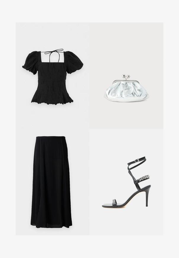 Zwarte korte mouwen blouse met geplooide mouwen, vierkante halslijn, vooraan textuurstof, achter vastgeknoopte bandjes en een geschulpte zoom.; Zwarte maxi rok van lichtgewicht materiaal, met een vloeiende uitstraling, in een effen zwarte kleur, en subtiele zijnaaddetails.; Zwarte sandaal met hoge hak, smalle enkelband, middenvoetband versierd met zilveren schakels en een open teenontwerp.; Kleine zilverkleurige metalen clutch met een afgerond, geplooid ontwerp en een sluiting met twee zilveren bollen.