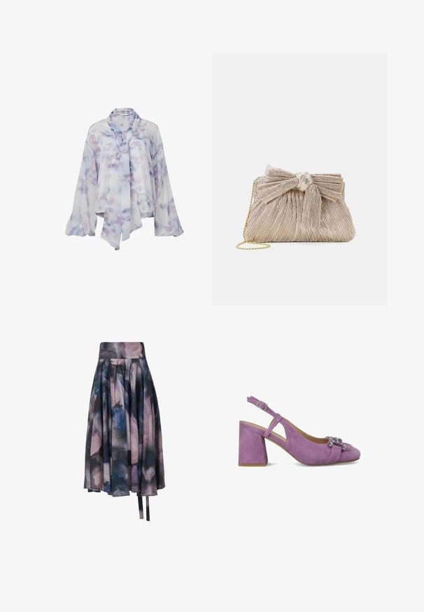 Transparante blouse met lange mouwen, paarse en blauwe aquarelprint, losse pasvorm, wijde mouwen en een strikdetail bij de kraag.; Zwierige midi-rok met hoge taille, abstracte aquarelprint in paarse, blauwe en zwarte tinten, met zachte plooien en asymmetrische zoom.; Paarse suedine slingback schoenen met een blokhak, uitgerust met een strik en versieringen op de teen. Verstelbare band voor een veilige pasvorm.; Metalen gouden clutch tas van geplooid stof, met een strikdetail aan de bovenkant en een gouden kettingband voor veelzijdigheid en gemakkelijk dragen.