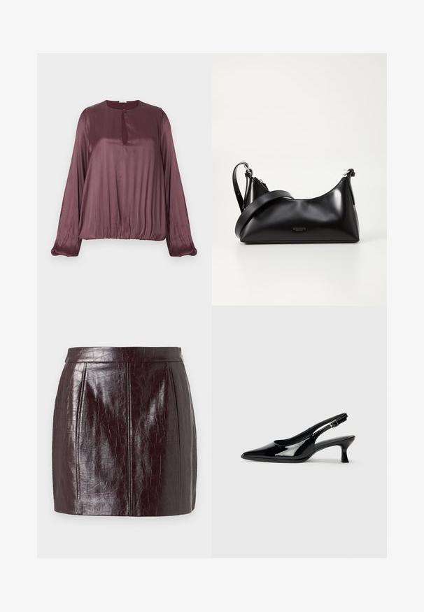 Bordeaux satijnen blouse met lange mouwen, ronde halslijn en een klein sleufdetail aan de voorkant. Beschikt over een geplooide tailleband.; Bordeaux neplederen rok met een gestructureerd krokodillenpatroon, met een hoge taille en twee verticale naden voor structuur.; Zwarte lakleren slingback schoenen met een spitse neus en een lage blokhak. Verstelbare gespband bij de enkel.; Zwarte leren handtas met een gladde textuur. Beschikt over een verstelbare schouderband en een strak, minimalistisch ontwerp met een ritssluiting.
