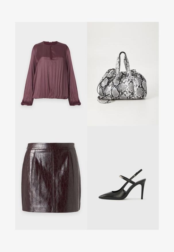 Burgundy satiinist blouse piketevade varrukatega, ümara kaelusega ja ees väikese võtmeaugu detailiga. Omab kogutud vöökohta.; Burgundia faux-nahkseelik, millel on tekstuurne krokodillimuster, kõrge vöökoht ning kaks vertikaalset õmblust struktuuri loomiseks.; Mustad nahast rihmikuga kõrged kontsad, terava ninaga, lõigatud detailide ja reguleeritava rihmaga, millel on metallist riistvara.; Mustvalge naha mustriga käekott, millel on kaks käepidet, joonimise sulgemine ja eemaldatav õlavarre rihm. Sile tekstuur.