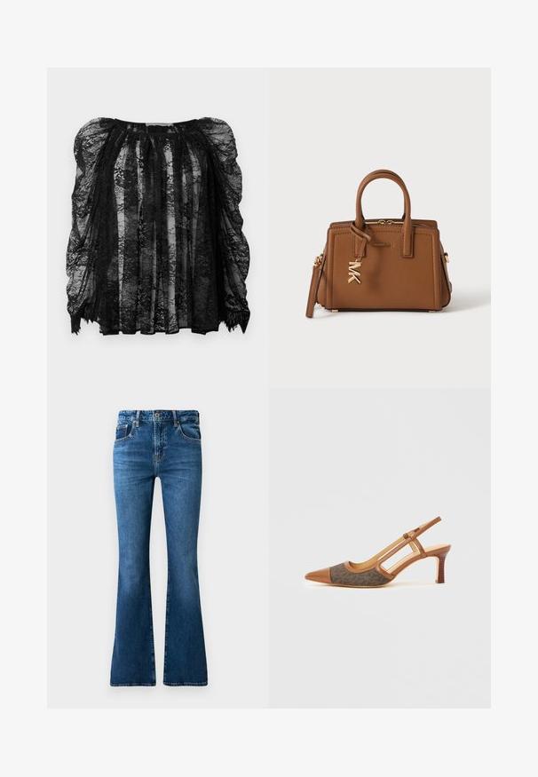 Sort blonde bluse med gennemsigtigt stof, puffede ærmer, plisseret design og bølget søm. Indviklede blomster mønstre gennem hele blusen.; Blå denim flared jeans med medium højt liv, fem lommer, diskret falmning og syninger langs sømmene.; Brun læder slingback-sko med spids tå, der har en mørk mønstret stofpanel og en stablet hæl. Åbne sider og glat tekstur.; Brun lædertaske fra Michael Kors med dobbelte håndtag, gyldent MK-logo vedhæng og lynlåslukning øverst på en enkel hvid baggrund.