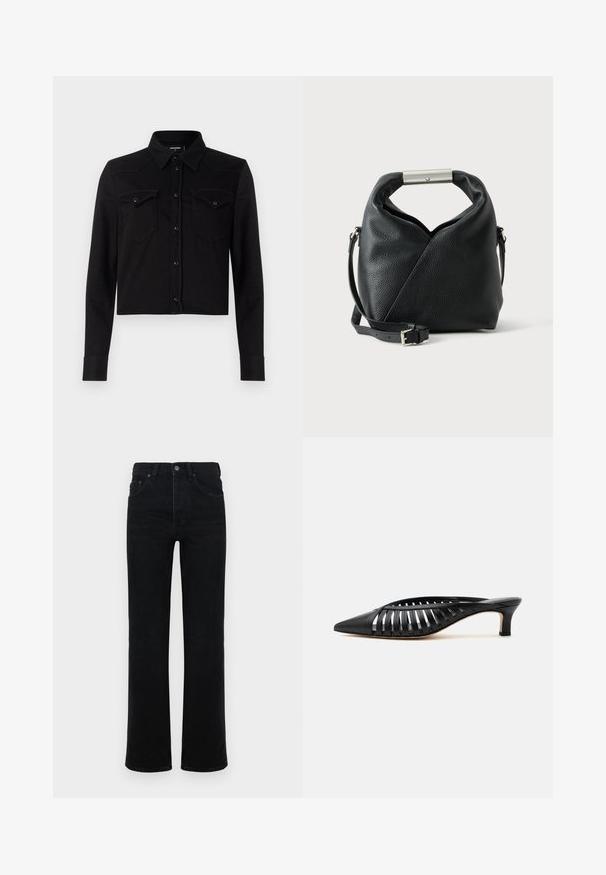 Schwarze, verkürzte Jeansbluse mit langen Ärmeln, Punktkragen, Druckknopfverschluss vorne und zwei Brusttaschen. Mit kontrastierenden Nähdetails.; Schwarze Jeans aus Denim mit hoher Taille, geradem Bein, fünf Taschen und einem Knopfverschluss vorne. Glatte Textur, minimale Details.; Schwarze Leder-Mule mit spitzer Schuhspitze, Riemchen-Design und niedrigem Kittenheel auf weißem Hintergrund.; Schwarze strukturierte Lederhandtasche mit gerolltem Griff, der eine silberne Metallstange und einen verstellbaren Schulterriemen mit Schnalle aufweist.
