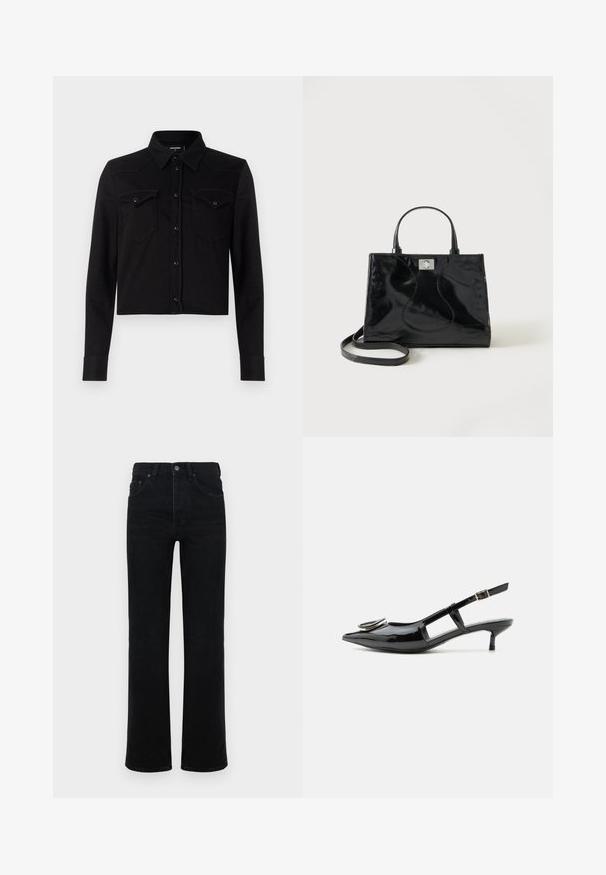 Schwarze, verkürzte Jeansbluse mit langen Ärmeln, Punktkragen, Druckknopfverschluss vorne und zwei Brusttaschen. Mit kontrastierenden Nähdetails.; Schwarze Jeans aus Denim mit hoher Taille, geradem Bein, fünf Taschen und einem Knopfverschluss vorne. Glatte Textur, minimale Details.; Schwarzer Slingback-Schuh aus Lackleder mit Kitten-Heel, spitzer Spitze, ausgeschnittenen Seiten, Schnallenriemen und rundem metallic Detail an der Spitze.; Schwarze Handtasche aus Lackleder mit abgerundeten Griffen, abnehmbarem Schulterriemen und silberner Verschlussklammer auf einfachem weißem Hintergrund.