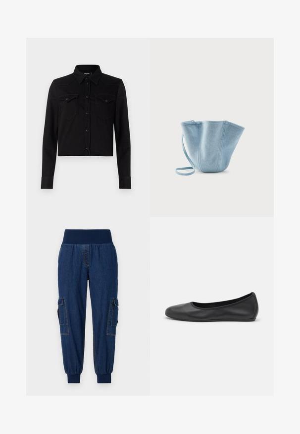 Sort cropped denimskjorte med lange ærmer, spids krave, frontlukning med trykknapper og to brystlommer. Har kontrasterende syninger.; Denim joggerbukser med en bred elastisk talje, to sidelommer og ribbede ankler; mørkeblå farve med kontraststing.; Sort læderballetsko med rund tå, glat tekstur, minimal syning og et fleksibelt såldesign.; Lyseblå stofhåndtaske med lang strop, bred åbning øverst og stikninger i lodrette sømme, sat mod en ensfarvet hvid baggrund.